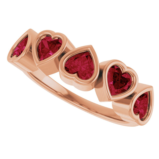 14K Gold Natural Mozambique Garnet Five-Stone Heart Ring - Rose Gold - view 10