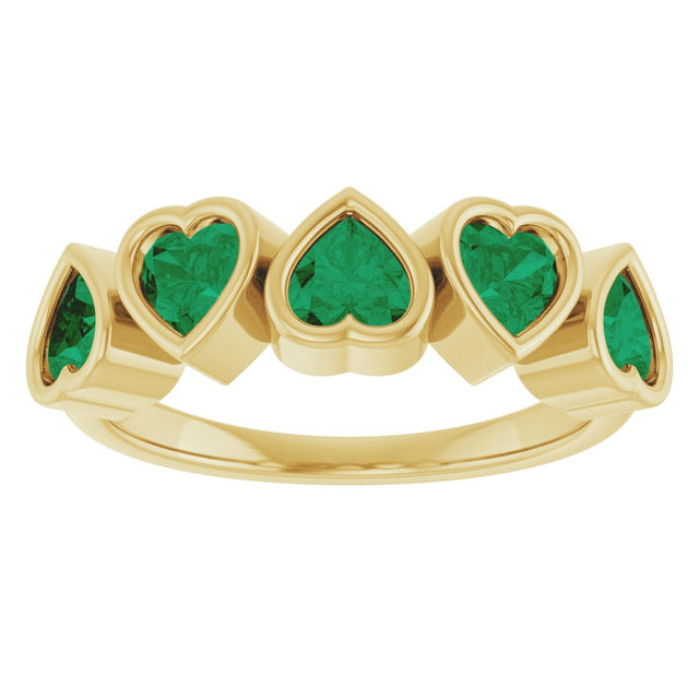 14K Gold Lab-Grown Emerald Five-Stone Heart Ring - Yellow Gold - view 8