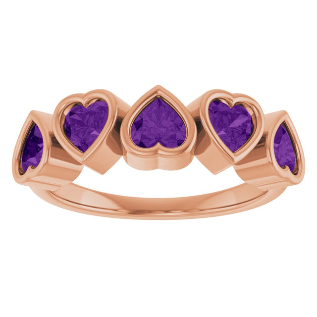 14K Gold Natural Amethyst Five-Stone Heart Ring - Rose Gold - view 8