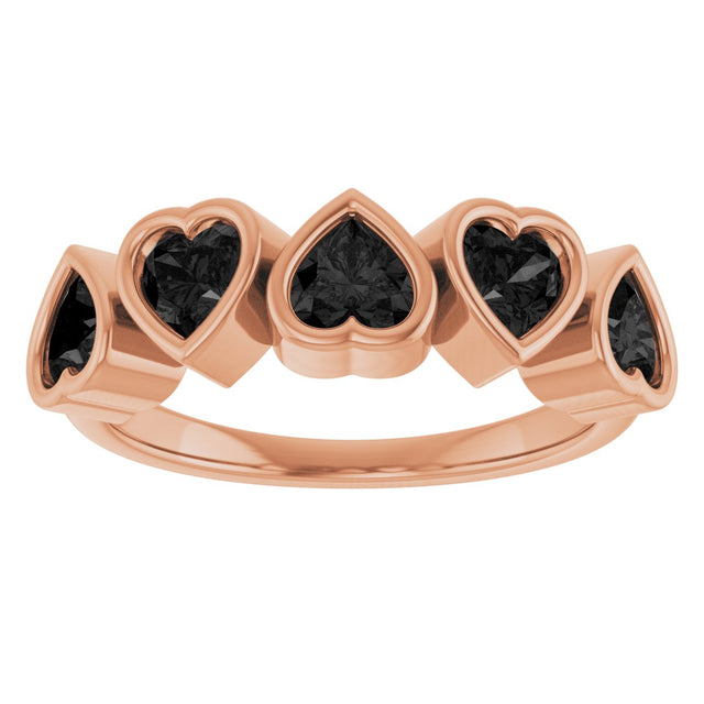 14K Gold Natural Black Onyx Five-Stone Heart Ring - Rose Gold - view 8