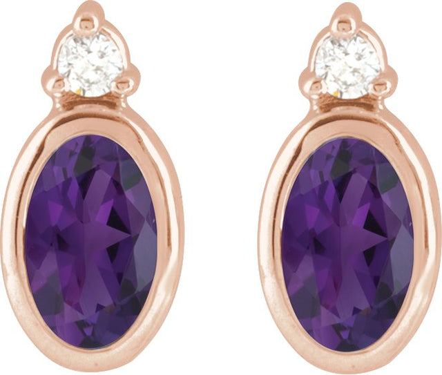 14K Gold Oval Natural Amethyst Accented Bezel-Set Earrings - Rose Gold - view 4