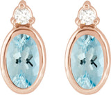 14K Gold Oval Natural Aquamarine Accented Bezel-Set Earrings - Rose Gold - view 4