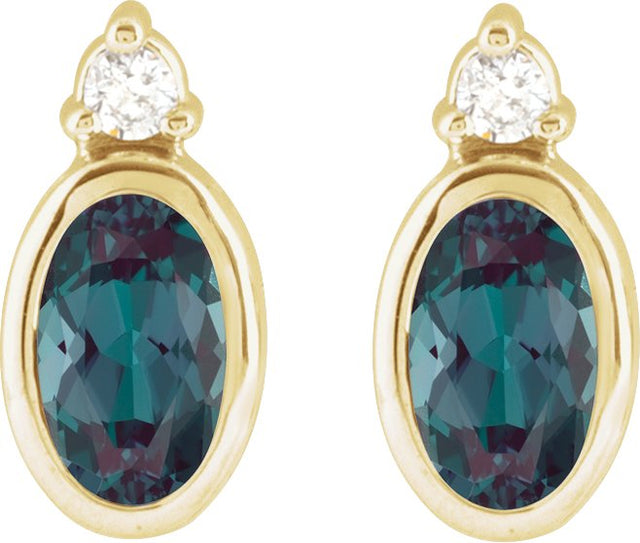 14K Gold Oval Lab-Grown Alexandrite Accented Bezel-Set Earrings - Yellow Gold - view 4