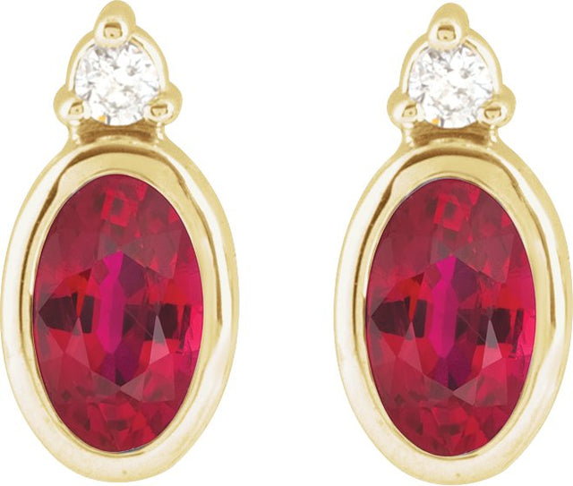14K Gold Oval Lab-Grown Ruby Accented Bezel-Set Earrings - Yellow Gold - view 4