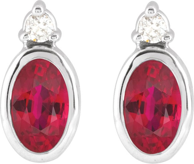 14K Gold Oval Natural Ruby Accented Bezel-Set Earrings - White Gold - view 4