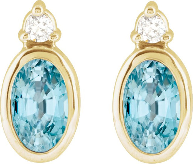 14K Gold Oval Natural Blue Zircon Accented Bezel-Set Earrings - Yellow Gold - view 4
