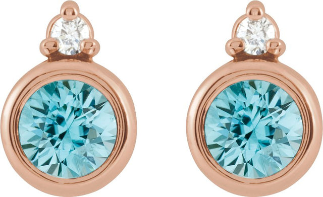14K Gold Oval Natural Blue Zircon Accented Bezel-Set Earrings - Rose Gold - view 4