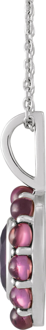 Platinum Oval Natural Amethyst & Natural Rhodolite Garnet Cabochon Halo-Style Necklace or Pendant - view 2