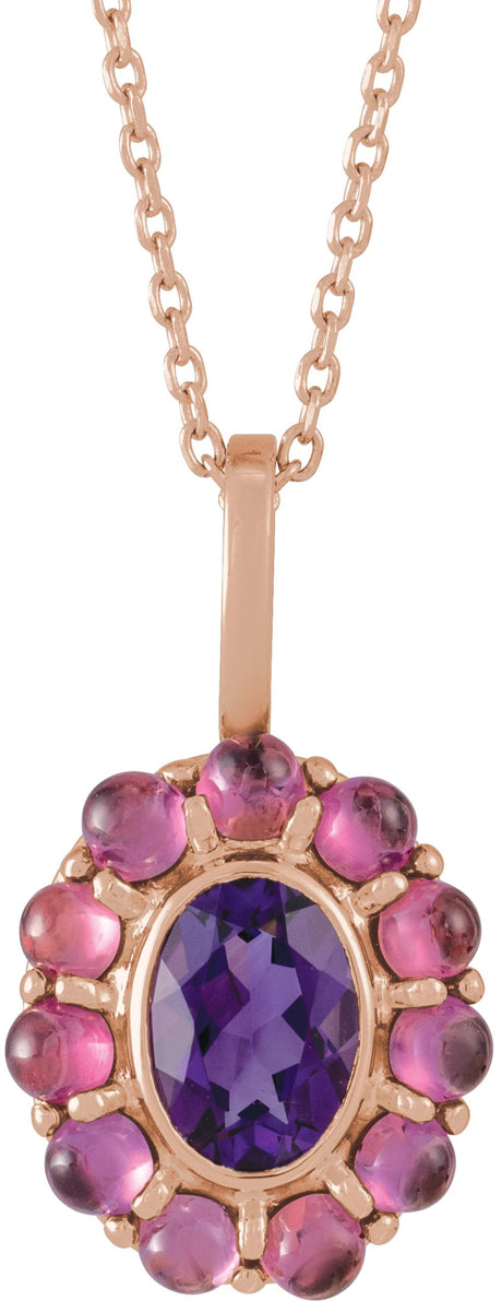 14K Gold Oval Natural Amethyst & Natural Rhodolite Garnet Cabochon Halo-Style Necklace or Pendant - Rose Gold