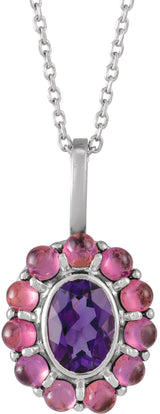 Platinum Oval Natural Amethyst & Natural Rhodolite Garnet Cabochon Halo-Style Necklace or Pendant
