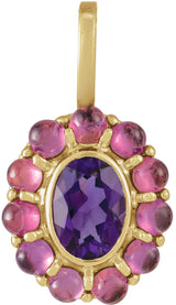 14K Gold Oval Natural Amethyst & Natural Rhodolite Garnet Cabochon Halo-Style Necklace or Pendant - Yellow Gold