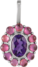 Platinum Oval Natural Amethyst & Natural Rhodolite Garnet Cabochon Halo-Style Necklace or Pendant