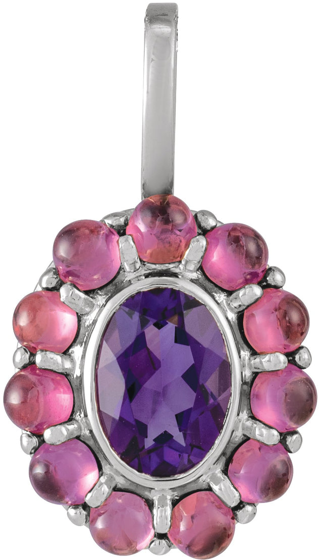 Platinum Oval Natural Amethyst & Natural Rhodolite Garnet Cabochon Halo-Style Necklace or Pendant