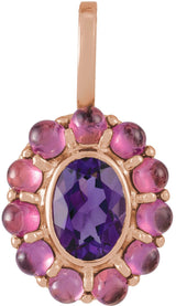 14K Gold Oval Natural Amethyst & Natural Rhodolite Garnet Cabochon Halo-Style Necklace or Pendant - Rose Gold