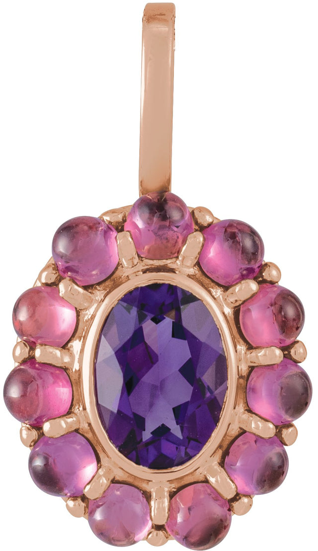 14K Gold Oval Natural Amethyst & Natural Rhodolite Garnet Cabochon Halo-Style Necklace or Pendant - Rose Gold