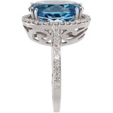 14K Gold Oval Natural Swiss Blue Topaz & Natural Diamond Halo-Style Ring - view 3