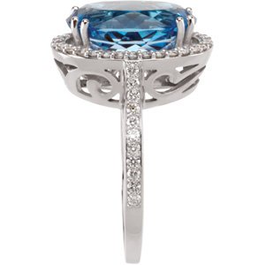 14K Gold Oval Natural Swiss Blue Topaz & Natural Diamond Halo-Style Ring - view 3