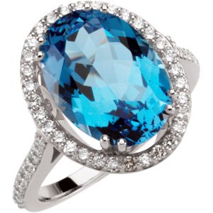 14K Gold Oval Natural Swiss Blue Topaz & Natural Diamond Halo-Style Ring