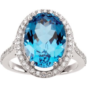 14K Gold Oval Natural Swiss Blue Topaz & Natural Diamond Halo-Style Ring - view 4