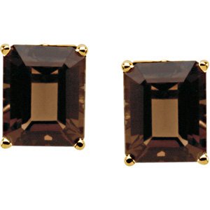 14K Gold Natural Smoky Quartz Emerald 4-Prong Scroll Setting Stud Earrings - view 2