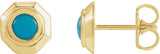 14K Gold Round Natural Turquoise Geometric Cabochon Earrings - Yellow Gold