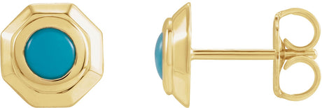 14K Gold Round Natural Turquoise Geometric Cabochon Earrings - Yellow Gold