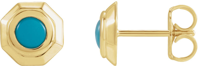 14K Gold Round Natural Turquoise Geometric Cabochon Earrings - Yellow Gold