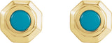 14K Gold Round Natural Turquoise Geometric Cabochon Earrings - Yellow Gold - view 2