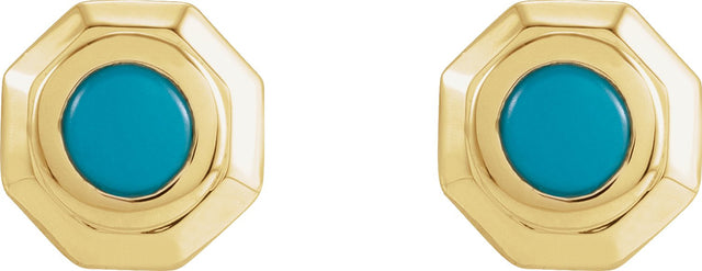 14K Gold Round Natural Turquoise Geometric Cabochon Earrings - Yellow Gold - view 2