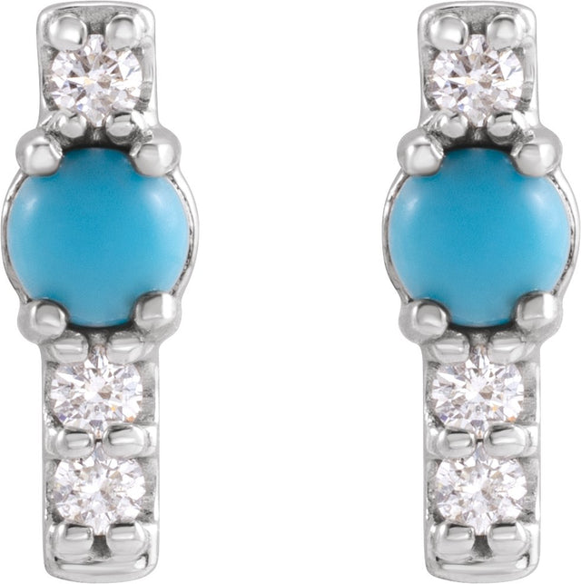 14K Gold Round Natural Turquoise & Natural Diamond Accented Bar Earrings - White Gold - view 2