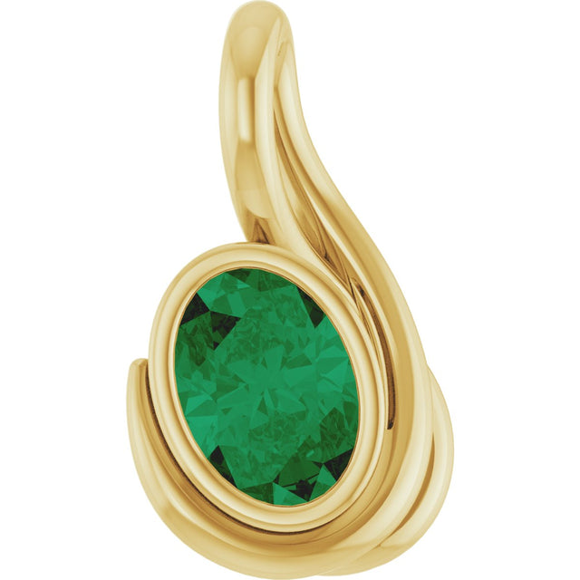 14K Gold Oval Lab-Grown Emerald Bezel-Set Solitaire Freeform Pendant - Yellow Gold