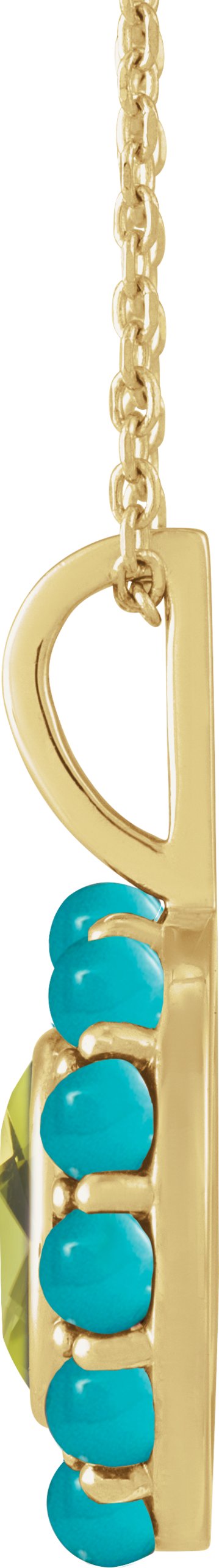 14K Gold Oval Natural Peridot & Natural Turquoise Cabochon Halo-Style Necklace or Pendant - Yellow Gold - view 2