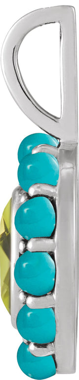 Platinum Oval Natural Peridot & Natural Turquoise Cabochon Halo-Style Necklace or Pendant - view 2