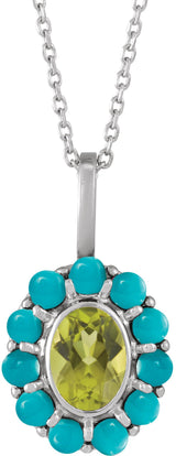 14K Gold Oval Natural Peridot & Natural Turquoise Cabochon Halo-Style Necklace or Pendant - White Gold