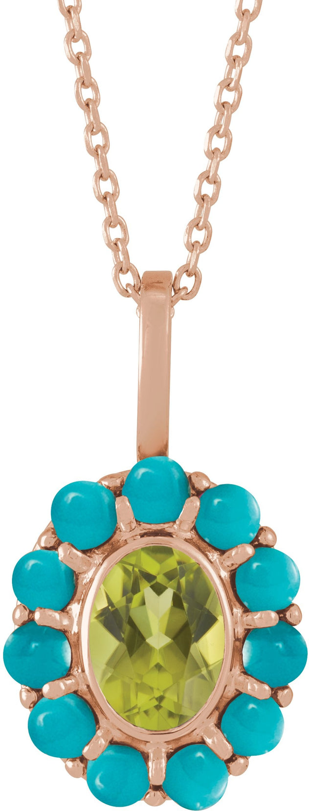 14K Gold Oval Natural Peridot & Natural Turquoise Cabochon Halo-Style Necklace or Pendant - Rose Gold