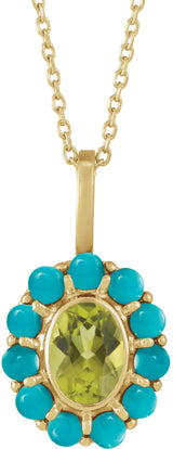 14K Gold Oval Natural Peridot & Natural Turquoise Cabochon Halo-Style Necklace or Pendant - Yellow Gold