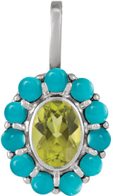 14K Gold Oval Natural Peridot & Natural Turquoise Cabochon Halo-Style Necklace or Pendant - White Gold