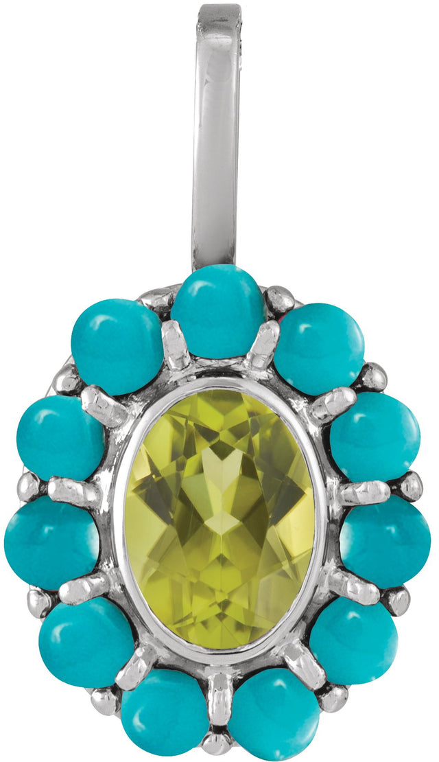 Platinum Oval Natural Peridot & Natural Turquoise Cabochon Halo-Style Necklace or Pendant