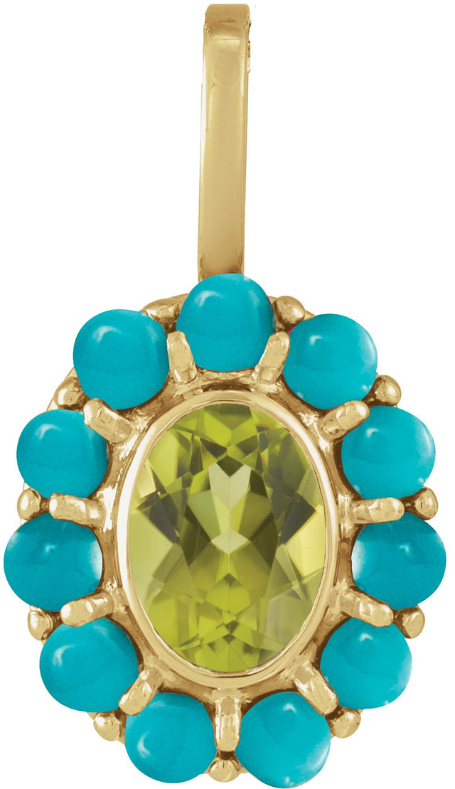 14K Gold Oval Natural Peridot & Natural Turquoise Cabochon Halo-Style Necklace or Pendant - Yellow Gold