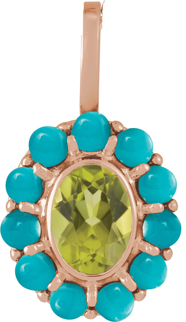 14K Gold Oval Natural Peridot & Natural Turquoise Cabochon Halo-Style Necklace or Pendant - Rose Gold