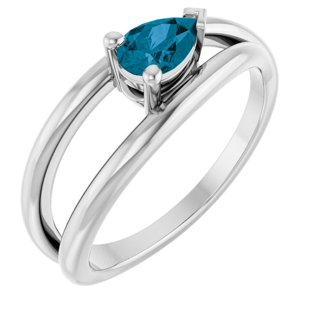 Platinum Pear Natural London Blue Topaz Negative Space Solitaire Ring