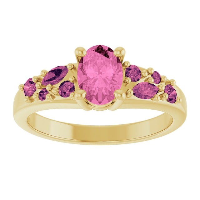 14K Gold Oval Lab-Grown Pink Sapphire & Natural Pink Tourmaline Accented Ring - Yellow Gold - view 3