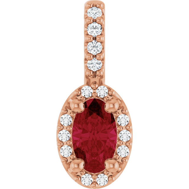 14K Gold Oval Lab-Grown Ruby & Natural Diamond Halo-Style Pendant - Rose Gold