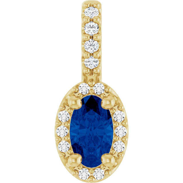 14K Gold Oval Lab-Grown Blue Sapphire & Natural Diamond Halo-Style Pendant – 5x3mm - Yellow Gold