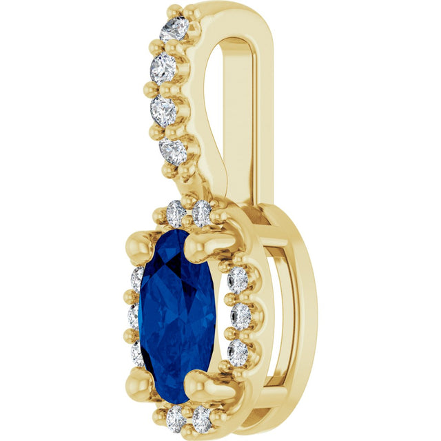 14K Gold Oval Lab-Grown Blue Sapphire & Natural Diamond Halo-Style Pendant – 5x3mm - Yellow Gold - view 2