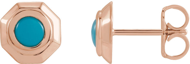 14K Gold Round Natural Turquoise Geometric Cabochon Earrings - Rose Gold