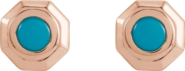 14K Gold Round Natural Turquoise Geometric Cabochon Earrings - Rose Gold - view 2