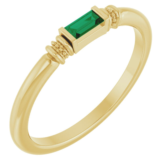 14K Gold Straight Baguette Lab-Grown Emerald Accented Stackable Ring - Yellow Gold