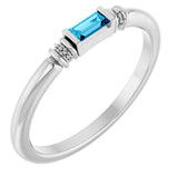 14K Gold Straight Baguette Lab-Grown Aqua Sapphire Accented Stackable Ring - White Gold
