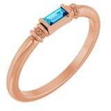 14K Gold Straight Baguette Lab-Grown Aqua Sapphire Accented Stackable Ring - Rose Gold